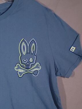 Psycho Bunny Blue Tee with Neon Lime Skull Bunny Graphic